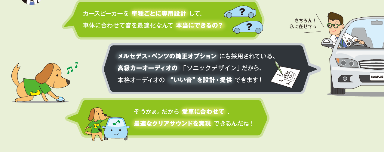 カースピーカーを 車種ごとに専用設計 して、車体に合わせて音を最適化なんて 本当にできるの？ メルセデス・ベンツの純正オプション にも採用されている、高級カーオーディオの 「ソニックデザイン」だから、本格オーディオの “いい音”を設計・提供 できます！ そうかぁ。だから 愛車に合わせて 、最適なクリアサウンドを実現 できるんだね！