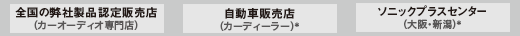 全国の弊社製品認定販売店（カーオーディオ専門店） / 自動車販売店（カーディーラー）＊ / ソニックプラスセンター（大阪・新潟）＊