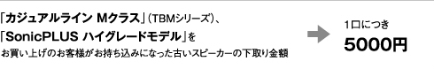 「カジュアルライン Mクラス」（TBMシリーズ）、「SonicPLUS ハイグレードモデル」をお買い上げのお客様がお持ち込みになった古いスピーカーの下取り金額 ⇒ 1口につき5000円