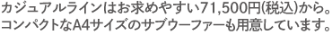 カジュアルラインはお求めやすい52,000円＋税 から。コンパクトなA4サイズのサブウーファーも用意しています