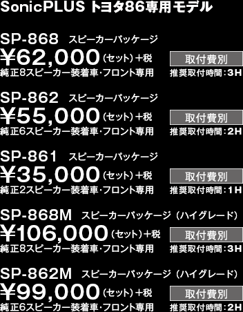 SonicPLUS トヨタ86専用モデル 　SP-868　スピーカーパッケージ ￥62,000（セット）＋税 純正8スピーカー装着車・フロント専用　  推奨取付時間：3H / SP-862　スピーカーパッケージ ￥55,000（セット）＋税 純正6スピーカー装着車・フロント専用　  推奨取付時間：2H / SP-861　スピーカーパッケージ ￥35,000（セット）＋税 純正2スピーカー装着車・フロント専用　  推奨取付時間：1H / SP-868M　スピーカーパッケージ（ハイグレード） ￥106,000（セット）＋税 純正8スピーカー装着車・フロント専用　  推奨取付時間：3H / SP-862M　スピーカーパッケージ（ハイグレード） ￥99,000（セット）＋税 純正6スピーカー装着車・フロント専用　  推奨取付時間：2H