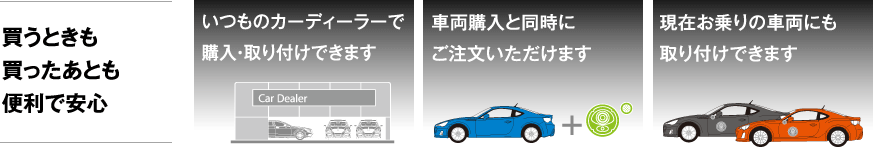 買うときも買ったあとも便利で安心 いつものカーディーラーで購入・取り付けできます 車両購入と同時にご注文いただけます 現在お乗りの車両にも取り付けできます